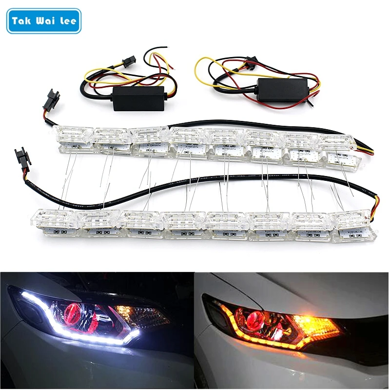 

Tak Wai Lee 2x Car Flexible White/Amber Crystal LED DRL Daytime Running Strip Light Turn Signal Flowing Steering Bar Headlight