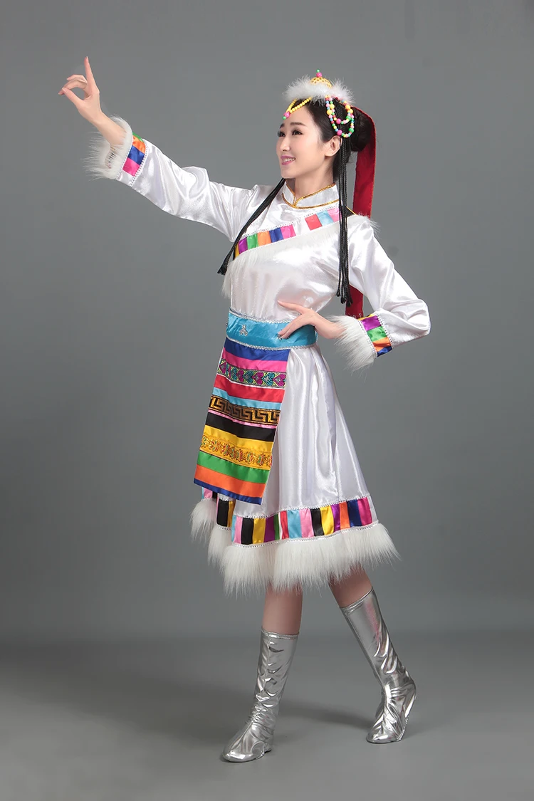 Одежда Белый Тибетский танцевальный костюм Женская этническая одежда с коротким рукавом Открытие юбки монгольская одежда сцена загрузка