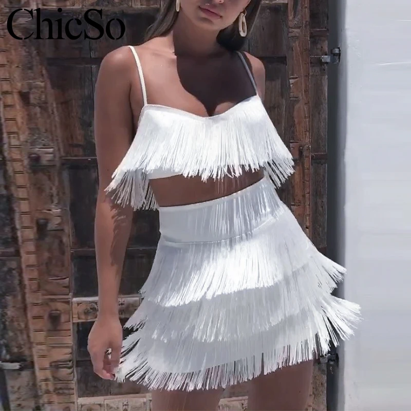 

MissyChilli Strapped tassel short white dress Women 2piece suit bodycon Christmas dress Autumn sexy club party night dress festa