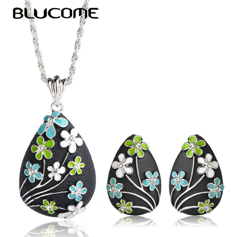 

Blucome New Arrival Vintage Flower Jewelry Set Water Drop Shape Enamel Pendant Necklace French Hooks Earrings Sets For Wedding