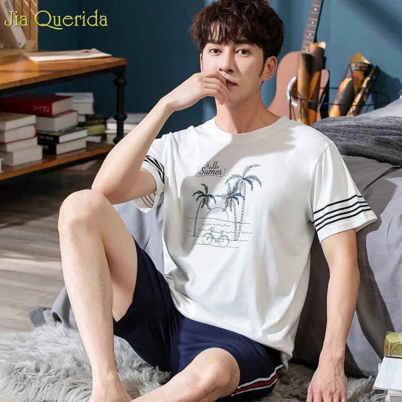 Mens Pajama Set Cotton Home Clothing Leisure Sleeping Suit Men Summer Shorts Pyjama Set Cotton Men Two Pieces Nightwear Men