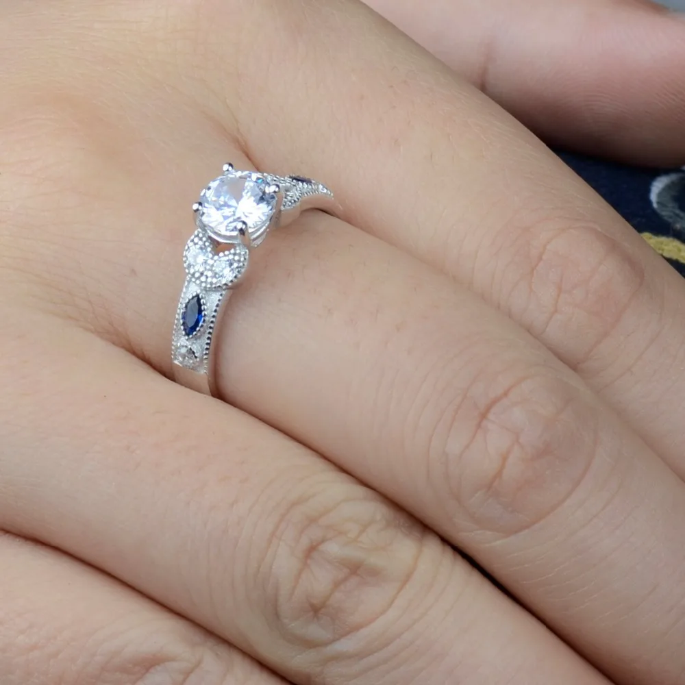 Valily Jewelry Wedding Rings 925 sterling silver couple rings for Bride Blue Oval Cubic Zirconia Round Band Ring for Women men