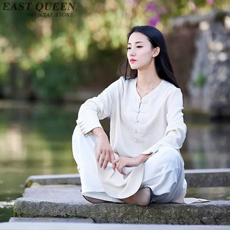 Традиционная китайская рубашка с длинным рукавом воротник стойка блузки для малышек женский одежда в стиле Дзен белый хлопок лен блузка