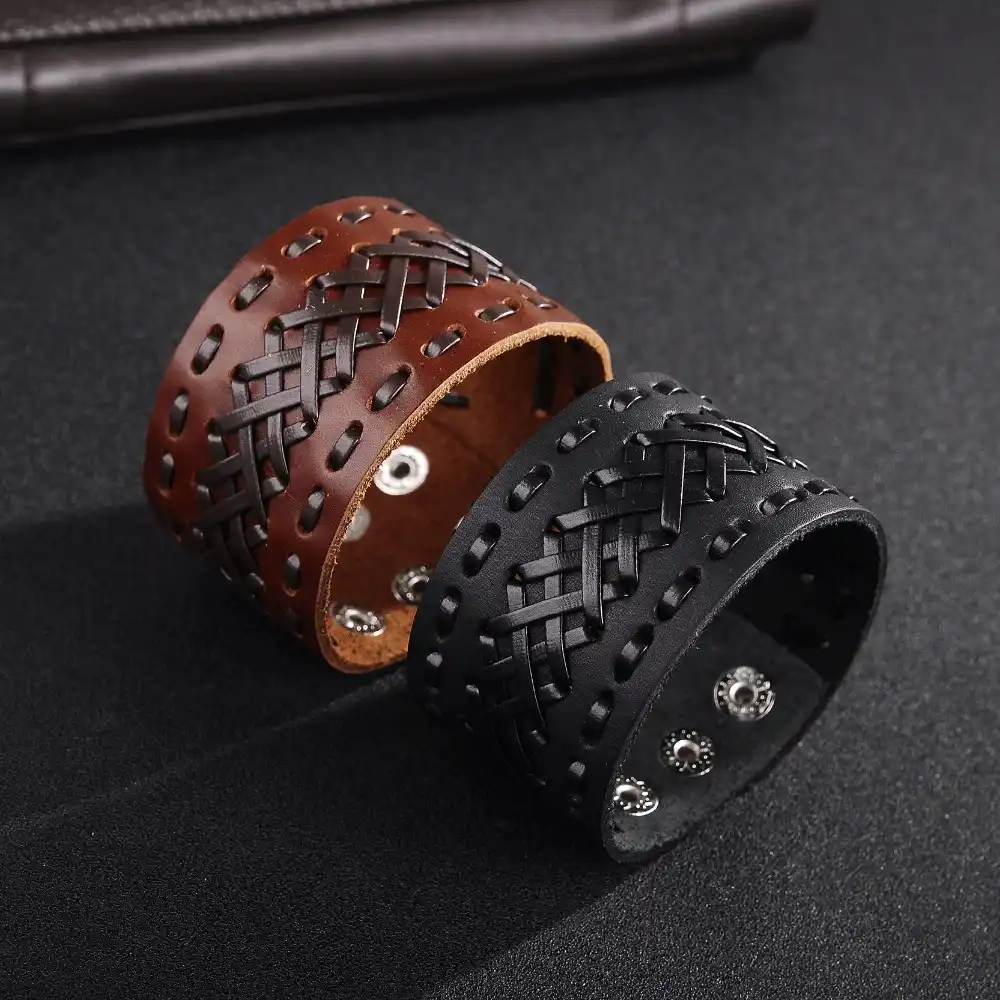 OBSEDE Fashion Wide Genuine Leather Bracelet for Men Brown Wide Cuff