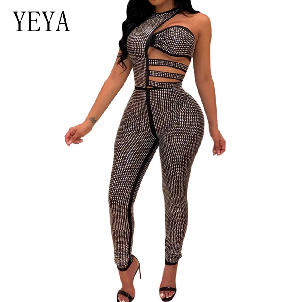 

YEYA New Bling Rhinestone Diamonds Jumpsuits Women Sleeveless Hollow Out Hole Skinny Bodysuits Summer Romper Performance Outfits