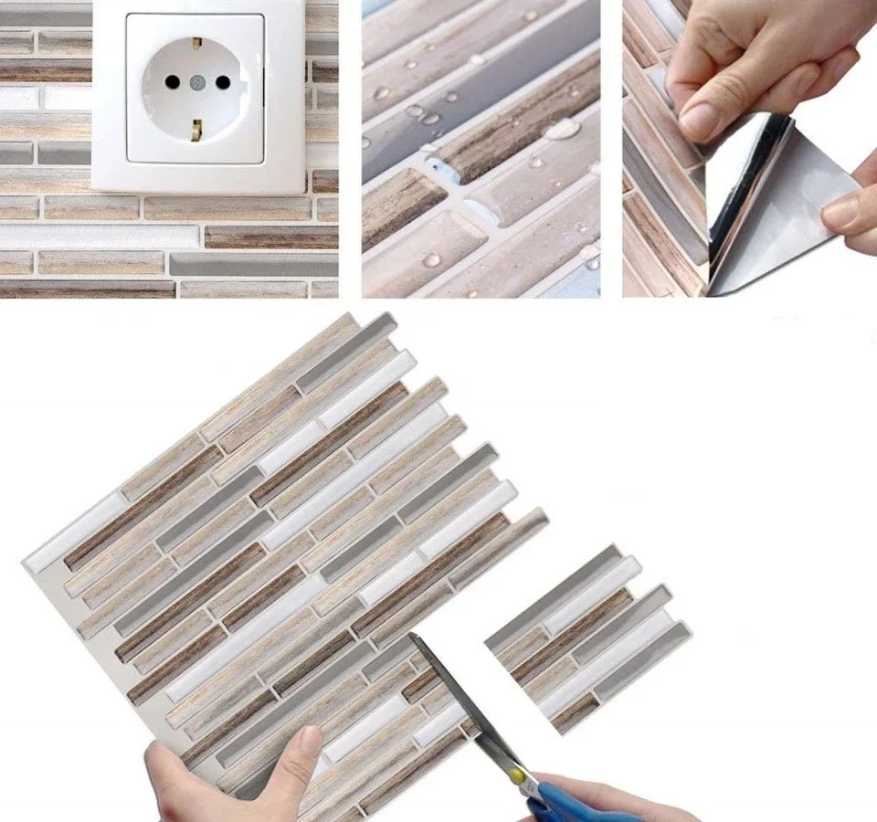

Kitchen Bathroom Home Decoration Self Adhesive Mosaic Tile Wall Decal DIY Vinyl Glass Gray Oblong 3D Shell and Stick -1 sheets