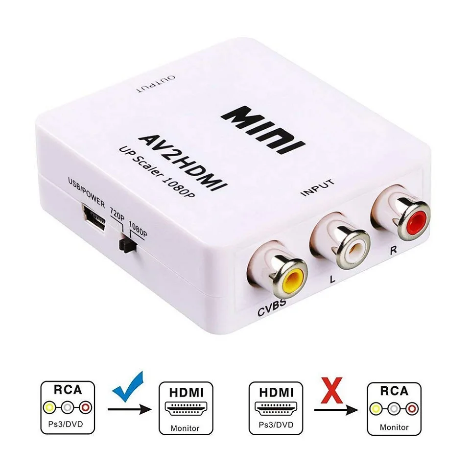 Мини 1080P композитный AV RCA в HDMI видео конвертер адаптер Full HD 720/1080p UP Scaler AV2HDMI для HDTV