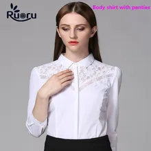 Ruoru Slim Women's Body Suit Three Quarter Chiffon Body Blouse Lace White Blouse Black Lace Tops Body Blusas Embroidery Blouse lace panel blouse