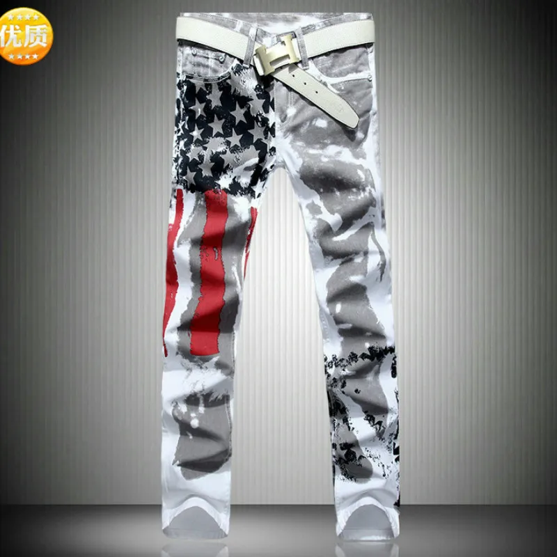 

2019 Spring Men Flag print jeans high stretch slimming casual Skinny Denim Pants Plus Size Hip Hop Trousers A079