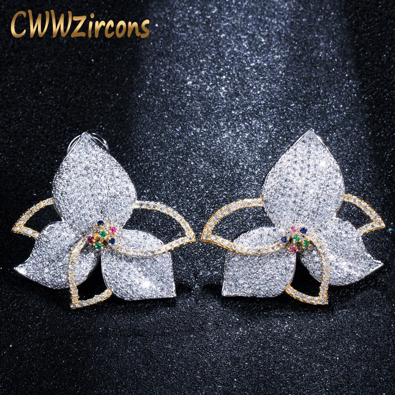 CWWZircons طنان الكامل مايكرو تمهيد مكعب أحجار زركونيا هندسية كبيرة الفاخرة تشيكوسلوفاكيا زهرة أقراط للنساء مجوهرات CZ419