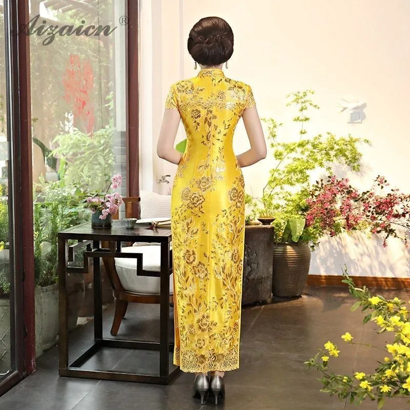 Qipao lentejuelas vestido Cheongsam del amarillo Qi Pao estilo восточные vestidos tnunica Chinoise bordado tradicional vestido
