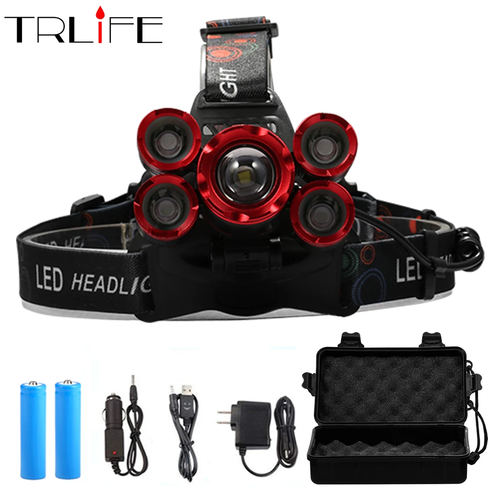 

LED Headlamp 5*T6 Headlight 4mode Torch Head Lamp flashlight for fishing camping Light+2*18650 Battery+AC/DC Charger+BOX