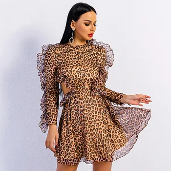 

2019 Mini Leopard Dress Celebrity Backless Sexy Full Ruffles Women Elegant O Neck Night Club Body con Party Dresses Wholesale