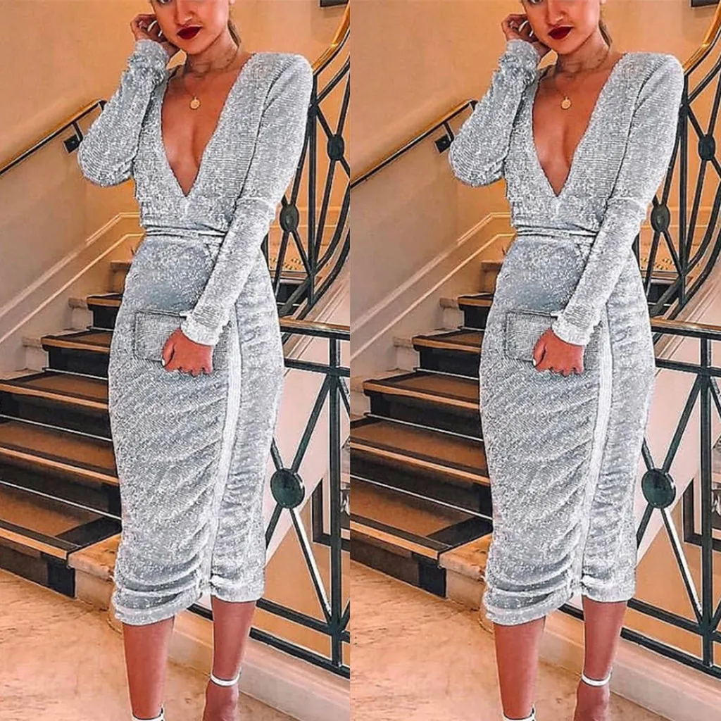 

Women's V-Neck Sparkle Glitzy Glam Sequin Long Sleeve Flapper Party Club Dress Women Vestidos De Fiesta Robe Femme vestidos