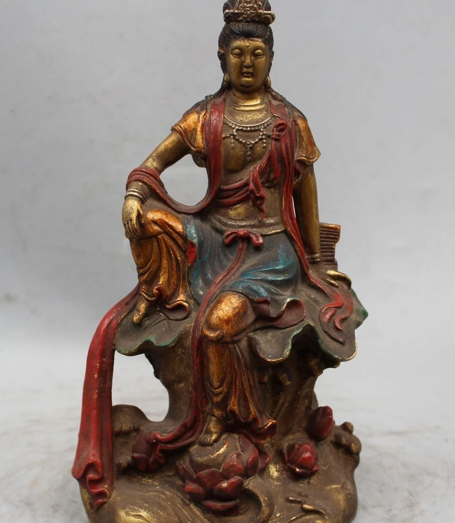 

9" Chinese Buddhism Bronze Painting Seat Kwan-yin Guan Goddess Boddhisattva