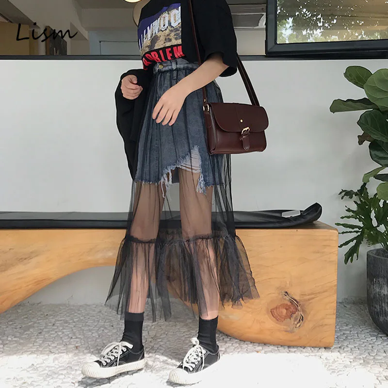 

LISM 2019 Overlay Long Denim Skirt Female High Street Harajuku Tulle Skirt Fashion Transparent High Waist Summer Ruffles Skirt