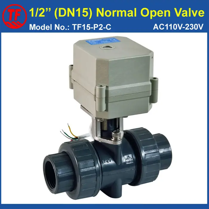 

TF15-P2-C, DN15 UPVC Normal Open Valve 2 Wires AC/DC9-24V BSP or NPT 1/2'' 10NM Actuator Operated Valve On/Off 15 Sec Metal Gear
