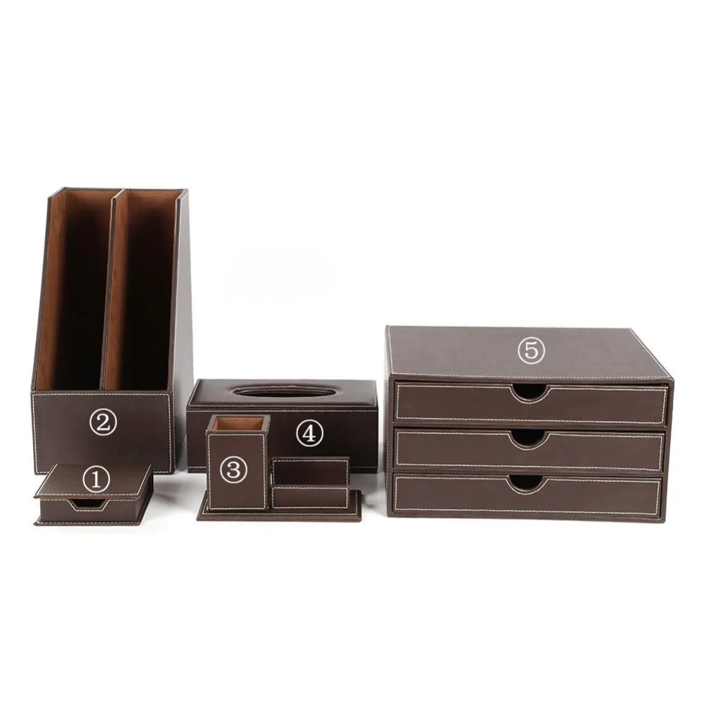 Quality Office Desk 5-piece Set Pen Pencil Holder Business Card Stand Stationery Organizer Box Tissue Dispenser T09 Black/Brown