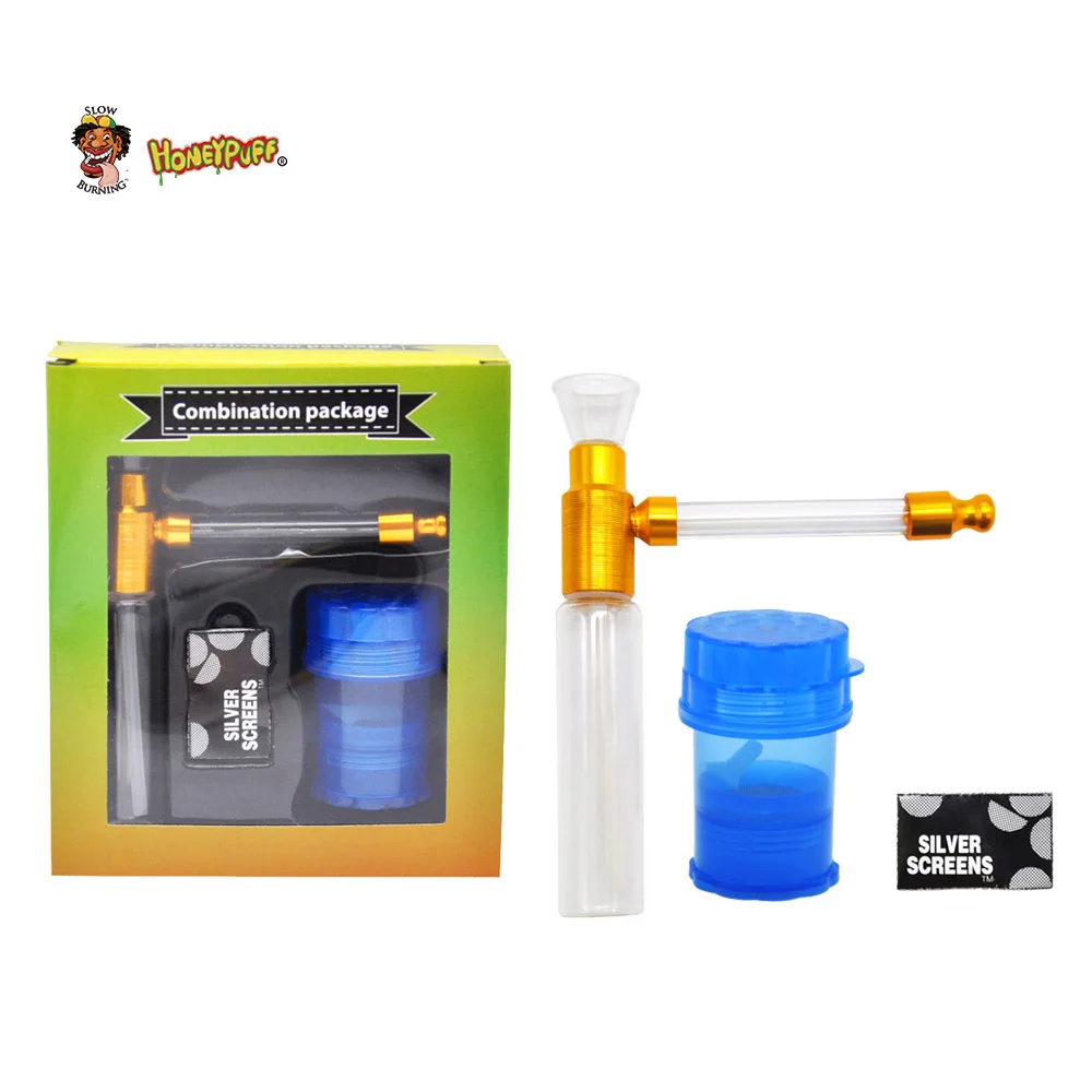 

HONEYPUFF Glass Top Smoking Water Pipe Acrylic Smoking Grinder With Storage Stainless Steel Screen Tobacco Herb Pipe Set