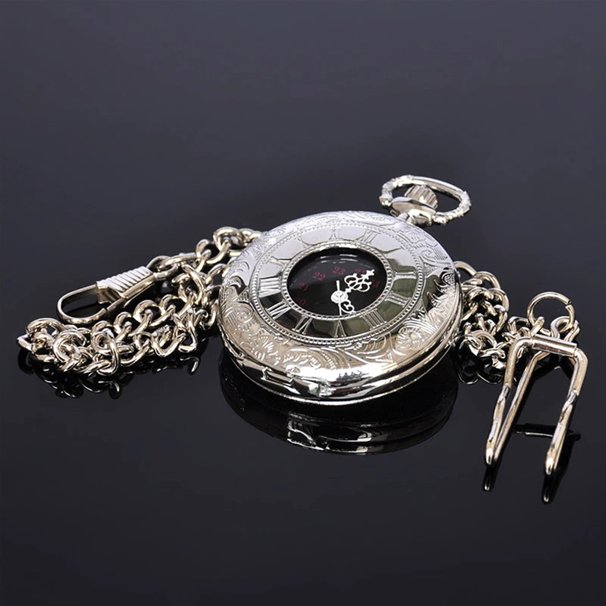 Vintage Silver Hollow Round Case Roman Numerals Black Dial Quartz Pocket Watch