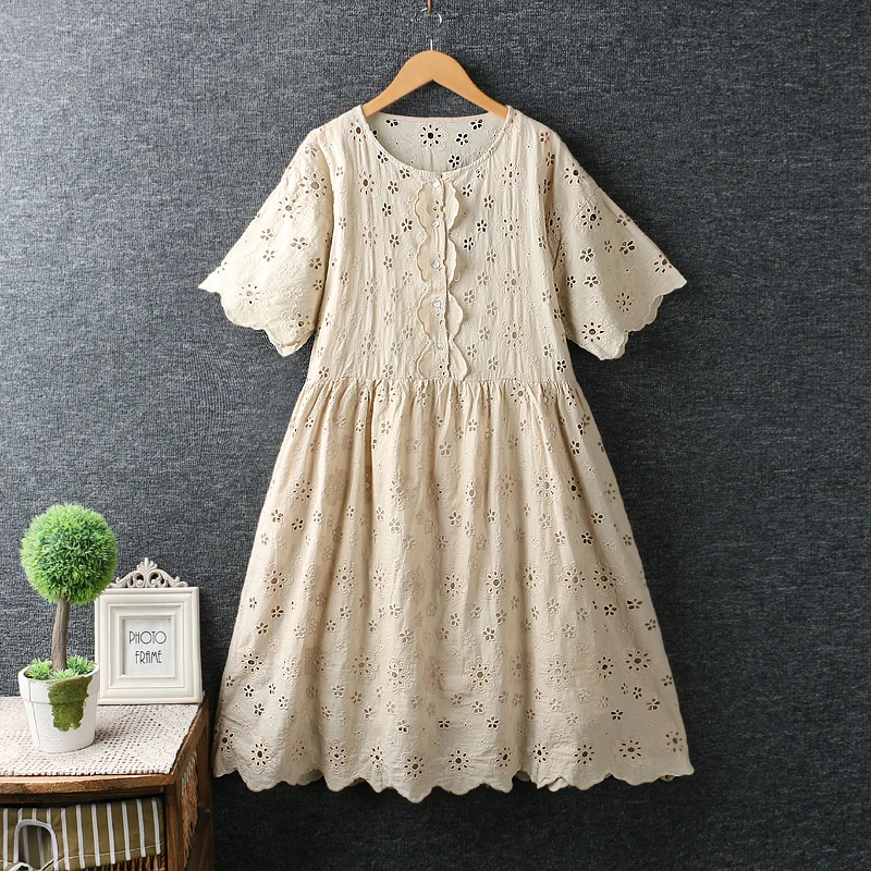 Женское платье с коротким рукавом Sweet Mori Girl летнее хлопковое Свободное вышивкой и