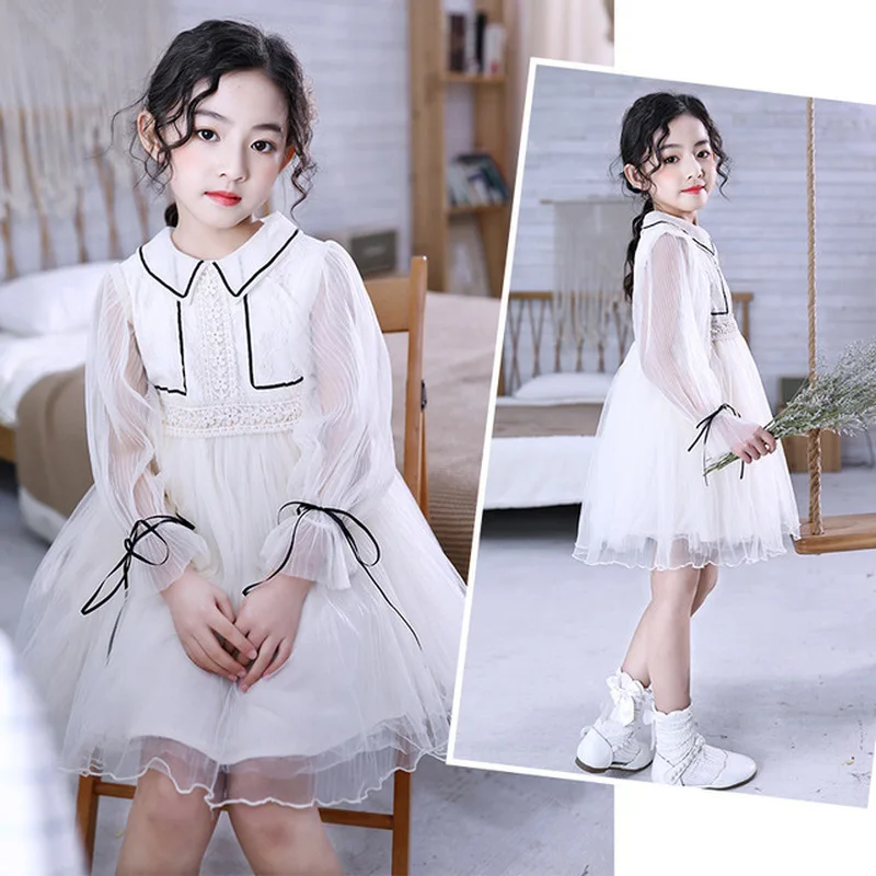 

Girls solid color embroidery flower dress long-sleeved mesh skirt princess dress children's lace children's wear girl dresses
