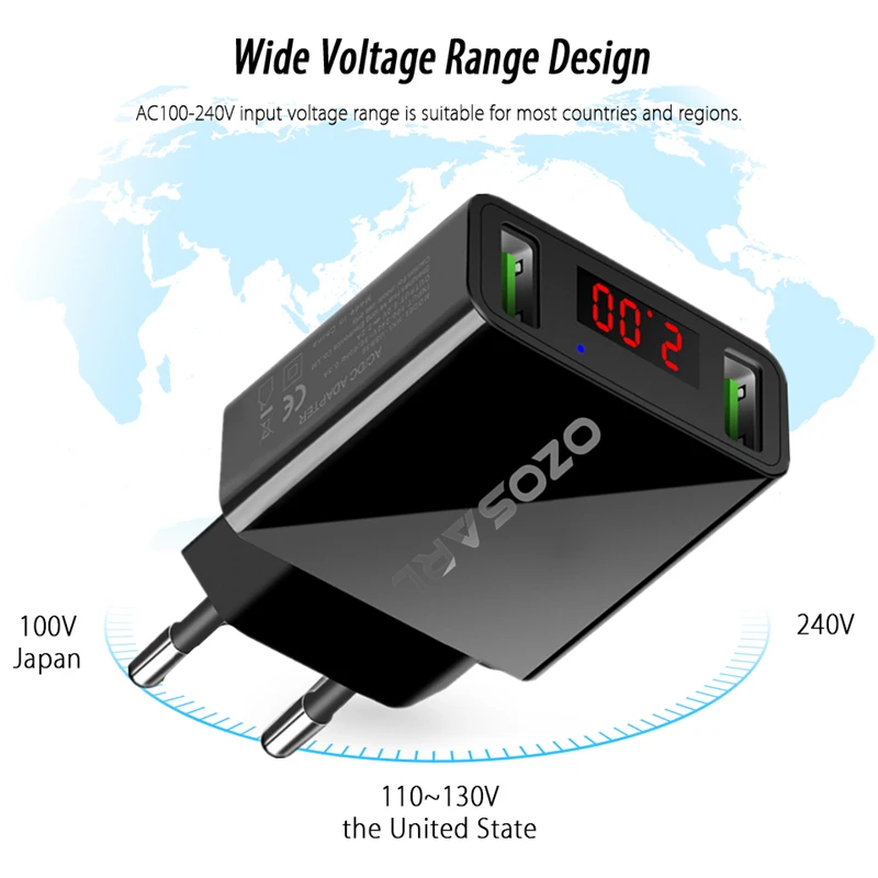 Зарядное устройство с 2 USB портами и светодиодным дисплеем макс. А|Зарядные