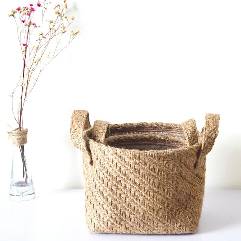 Braided Jute Cloth Flowerpot Storage Basket Cotton Linen Blended Desktop Storage Box Kids Toys Sundries Organizer Laundry Basket