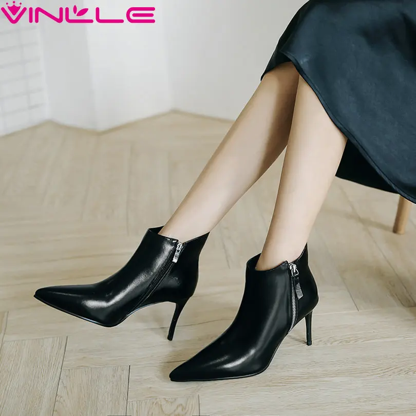 

Winlle 2019 Women Shoes Pump Ankle Boots Thin High Heel Zipper All Match Genuine Leather Pointed Toe Shoe Size 32-43