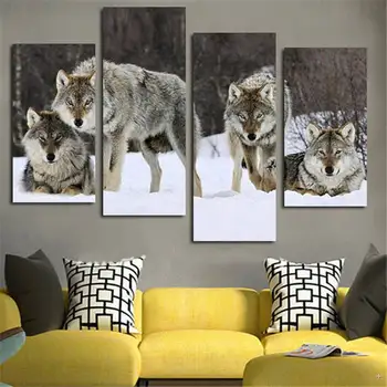 

4piece Wall Pictures Painting Canvas Art Printed Posters Wolf Pack Snow Animal Paintings Cuadros Decorative Home Decor Frameless
