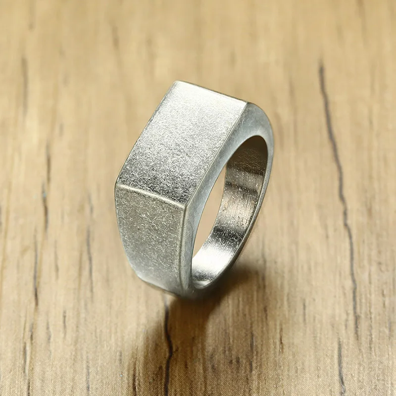 

Flat Top Rectangle Ring in Oxidized Silver Tone Stainless Steel Vintage Rustic Band Male Jewelry