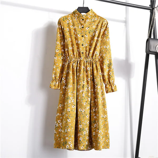 Женское вельветовое платье на весну-осень, винтажное платье с длинным рукавом и цветочным принтом, женское праздничное платье с высокой эластичной талией Vestidos - Цвет: CR7136-24