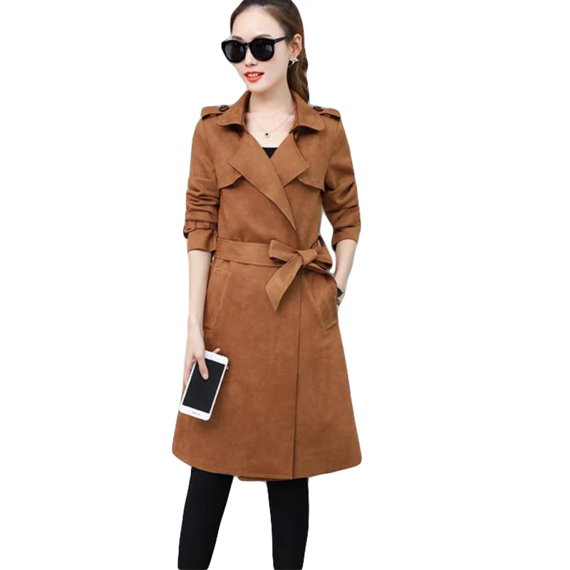 2019 Новый Демисезонный замшевый плащ пальто Для женщин Длинные Элегантная верхняя одежда женский пальто тонкий кардиган Тренч Abrigo Mujer CM279