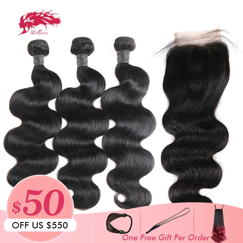 

Ali Queen Hair Products Peruvian Human Hair 3 Bundles With Swiss Lace Closure Body Wave Remy Hair Bundles With Closure
