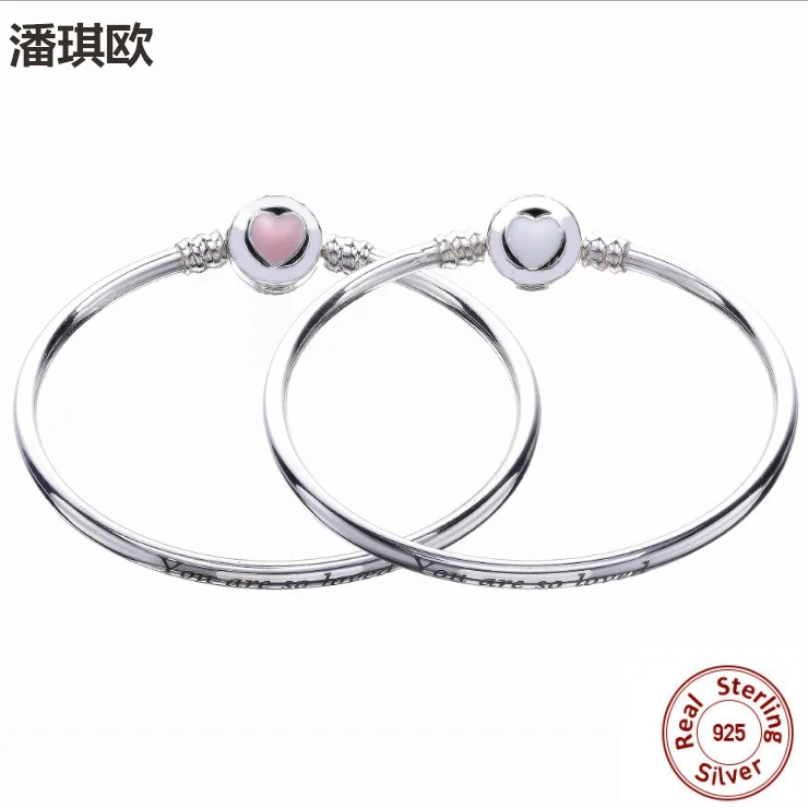 

Authentic 925 Sterling Silver White & Pink Enamel harm Bangle Fit Original panqiou Bracelet bead DIY jewelry For Women gifts