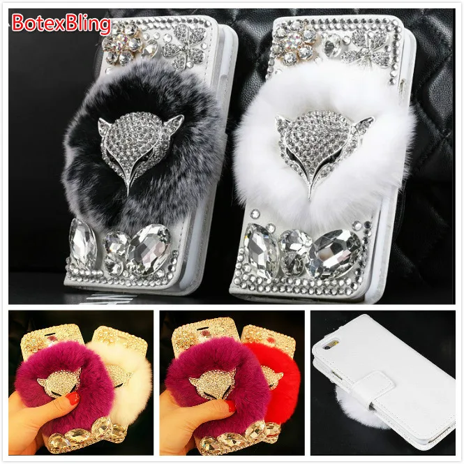 

DIY Fox Diamond fluffy plush Rabbit Fur Cover for samsung galaxy note10 S10 S8 S9 plus note8 note9 case XS MAX Flip Wallet Case