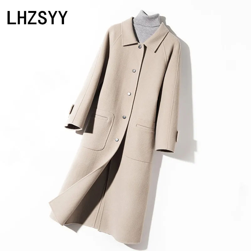 

LHZSYY Autumn Winter New Women's Cashmere Double-Sided Woolen Coat Fashion Long Solid Color Wool Soft Thick Warm Female Jacket