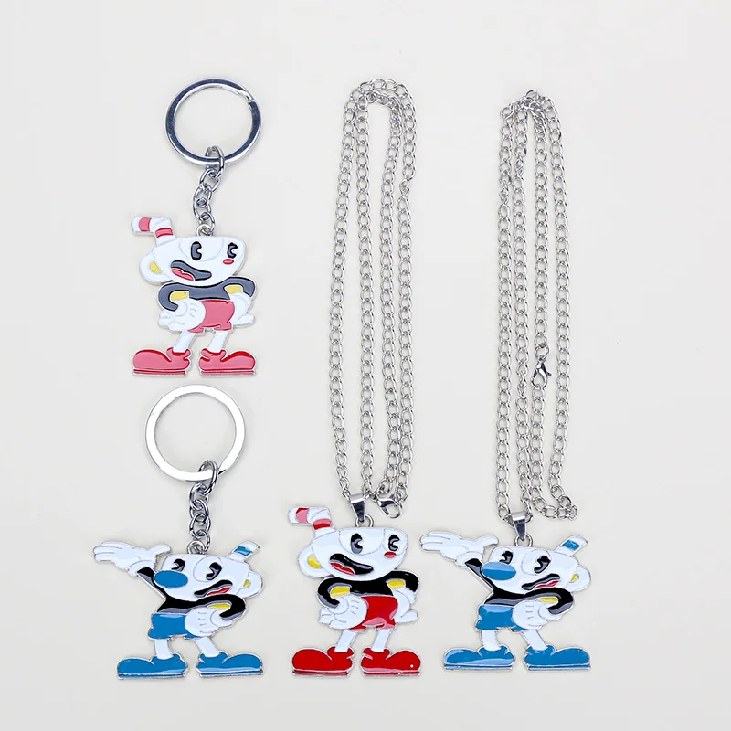 

5cm Game Cuphead Alloy Choker Necklace Mugman Figure Design Keychain Pendant Keyring For Children Gift