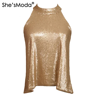 She'sModa Biling Sequins Gold Холтер Топ женские спандекс Клубные вечерние майки жилет - Цвет: gold