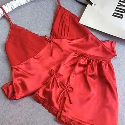 Пикантные женские свадебные пижамные комплекты из красного сатина, 2 шт., на бретельках и коротких штанах, женская ночная рубашка, летняя