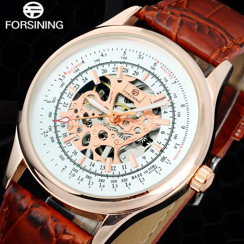 Prix FORSINING Marque De Luxe Hommes Squelette Montre Mens Main Vent Machanical Montres Hommes Casual Robe Montre Mâle Cadeau Horloge En Cuir Bande