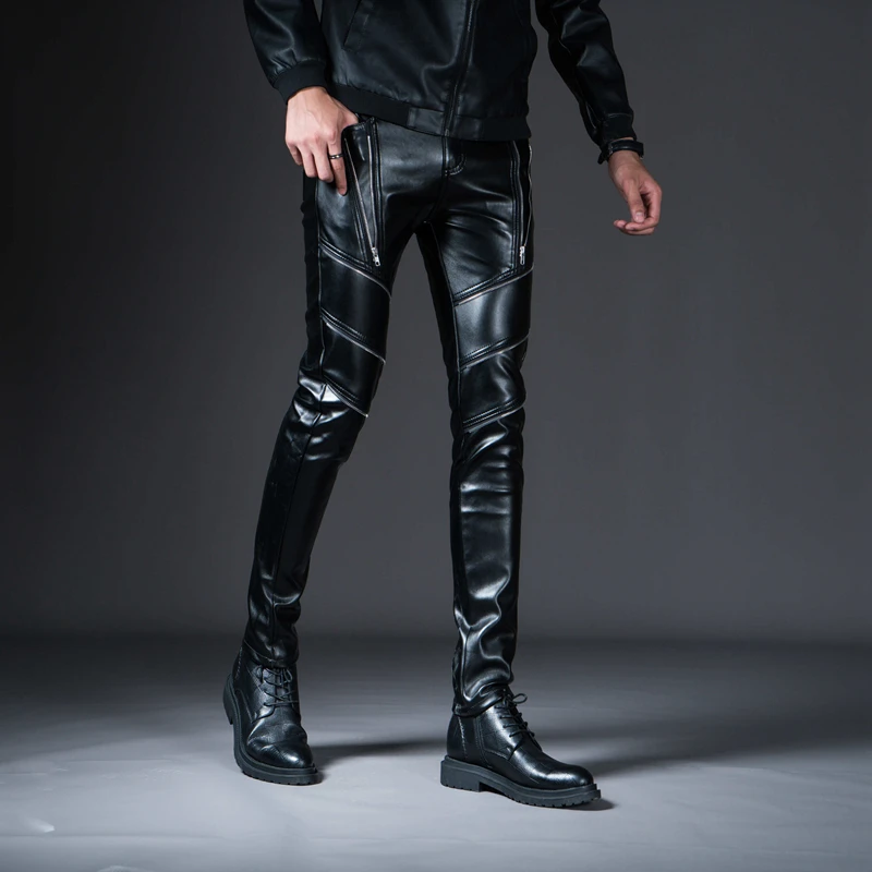 

New Spring Men's Skinny Leather Pants Fashion Faux Leather Trousers For Male Trouser Stage Club Wear Biker Pants