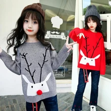 Зимний Рождественский свитер с рисунком оленя для маленьких девочек детская одежда Детский свитер теплая трикотажная одежда с длинными рукавами и круглым вырезом для девочек XL548