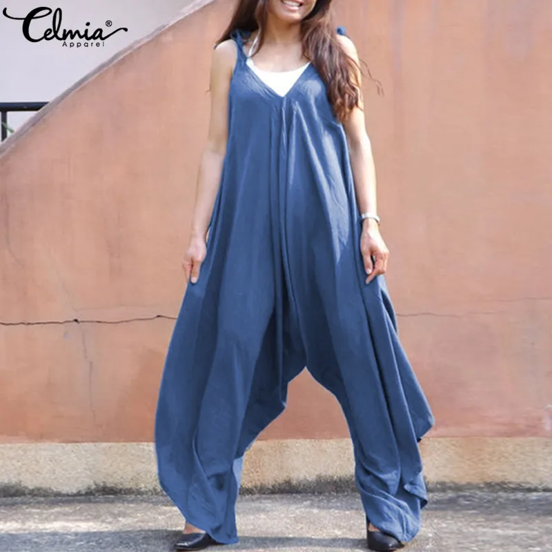 

Celmia Oversized Women Jumpsuit 2019 Summer Rompers Spaghetti Strap V-Neck Casual Loose Wide Leg Playsuits Plus Size Overall 5XL