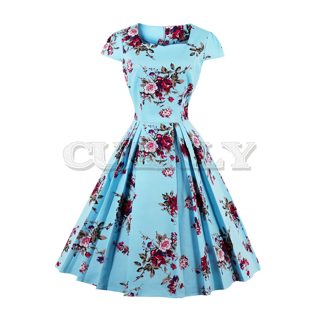 Image Short Sleeves Floral Print Women Vintage Dress Summer Cotton Retro Dress Swing CUERLY 60s Women Party Dress
