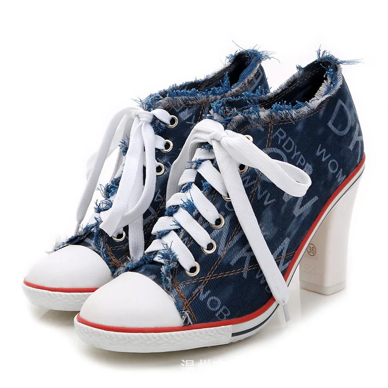 

2018 New Europe America ladies Rivet canvas blue Lace-up High heels Spring autumn fashion Retro Breathable denim shoes woman