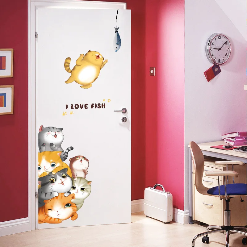 

75*197cm Lovely Cartoon Cats Wall Stickers Love Fish Door Stickers Cute Cats Home Decor for Kids Room DIY Wall Decals Removable