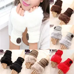 1 пара мягкие теплые варежки модные зимние Для женщин Симпатичные трикотажные искусственного меха перчатки без пальцев