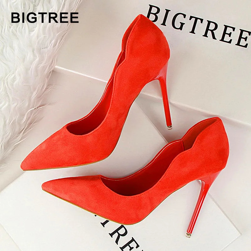 

BIGTREE2018New Super High Women Shoes Pointed Toe Flock Women Pumps Fashion Sexy High Heels Office Shoes Women Wedding Shoes