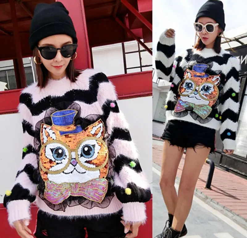 Европейский станция 2018 осень и зима Новый Harajuku уличная мода мультфильм полосатый